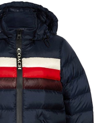 (Women) COACH Short Colorblock Puffer Jacket with Hood Winter Deep Blue. 4524-A8Z Details for (Women) COACH Short Colorblock Puffer Jacket with Hood Winter Deep Blue. 4524-A8Z