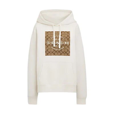(Women) COACH Square SS24 Logo Print Hoodie Long Sleeve Sweatshirt White. CR039-WHT