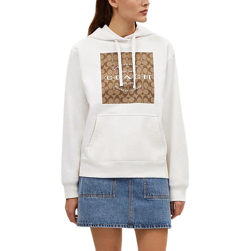 Lookbook (W) 코치 SS24 로고 프린트 스퀘어 후디 긴팔 스웻셔츠 화이트. CR039-WHT