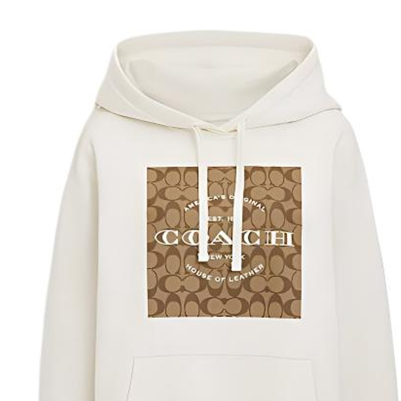 Details for (W) 코치 SS24 로고 프린트 스퀘어 후디 긴팔 스웻셔츠 화이트. CR039-WHT