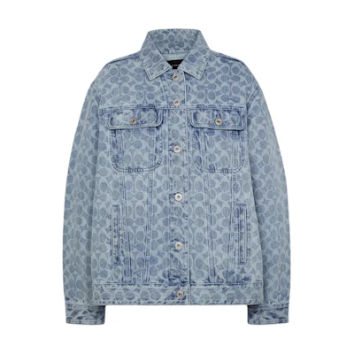 (Women) COACH SS22 Blue Full-Print Single-Breasted Long-Sleeve Jacket. C8787-DEN