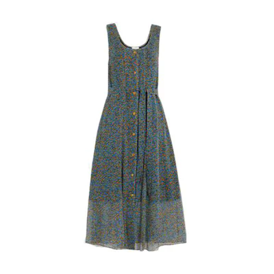 (Women) COACH SS22 Blue Sleeveless A-Line Dress with Floral Print Design. CA370-NFN