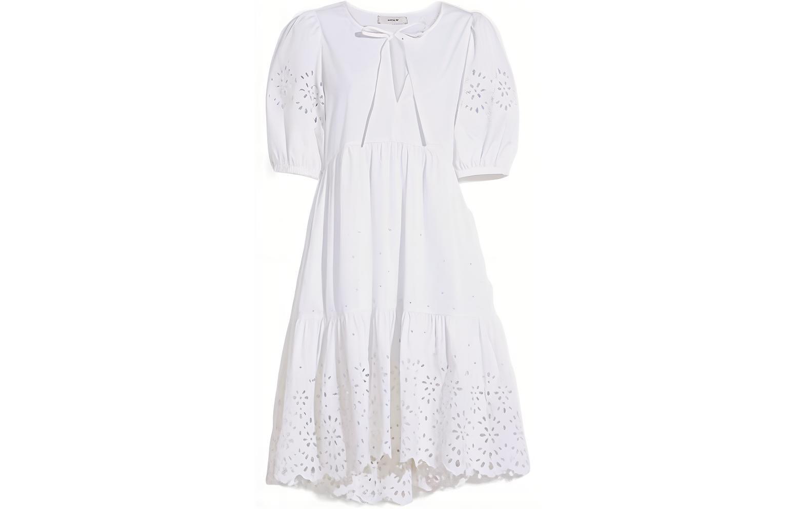 (Women) COACH SS22  White Lace Hollow-Out Short Sleeve Dress. CA677-WHITE
