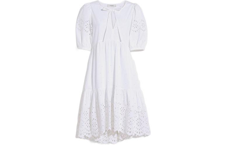 Order (W) COACH SS22 Gaun Lengan Pendek Putih Berenda Hollow-Out. CA677-WHITE