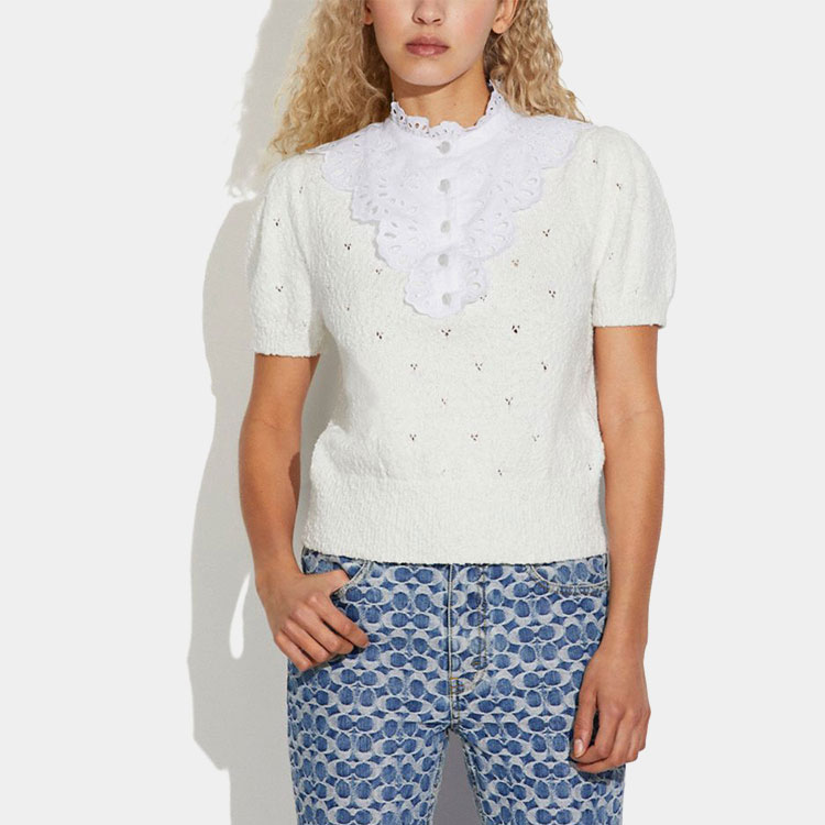 Lookbook (W) 코치 SS22 레이스 칼라 퍼프 슬리브 셔츠 옐로우 CA685-IVO