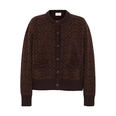 (Women) COACH SS23 Brown Logo Print Knit Cardigan. CJ351-VQY