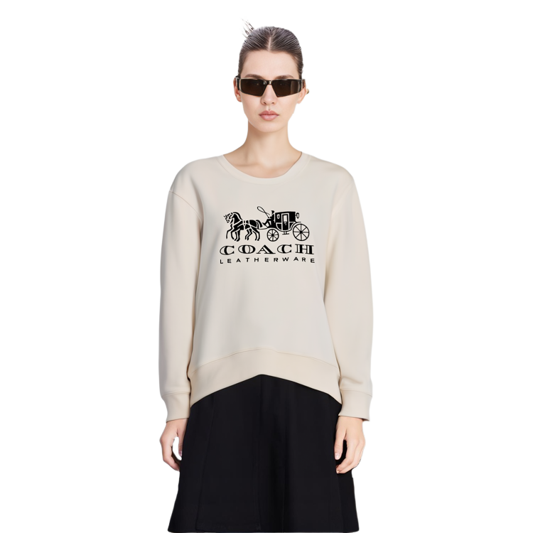 Shop (W) コーチ SS23 アイボリーホワイト ロゴ＆キャリッジプリント プルオーバースウェットシャツ C9116-CHK