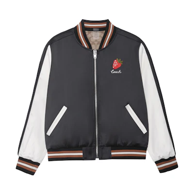 (Women) COACH SS23 Reversible Strawberry Embroidered Black Baseball Jacket CG460-BLK