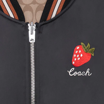 (Women) COACH SS23 Reversible Strawberry Embroidered Black Baseball Jacket CG460-BLK Details for (Women) COACH SS23 Reversible Strawberry Embroidered Black Baseball Jacket CG460-BLK