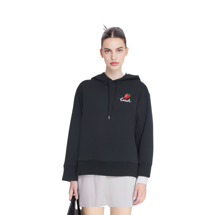 Lookbook (W) コーチ SS23 ブラックフーディー ストロベリーロゴプリント入り CG661-BLK