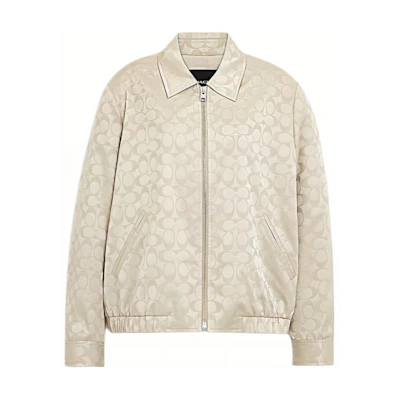 (Women) COACH SS24 Beige Logo Print Zip-Up Long Sleeve Jacket. CT394-TXC