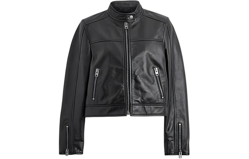 Order (W) コーチ SS24 ブラック スタンドカラー 長袖 レザーショートジャケット CN443-BLK