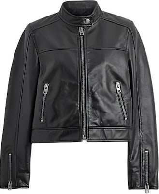 (W) コーチ SS24 ブラック スタンドカラー 長袖 レザーショートジャケット CN443-BLK Order (W) コーチ SS24 ブラック スタンドカラー 長袖 レザーショートジャケット CN443-BLK