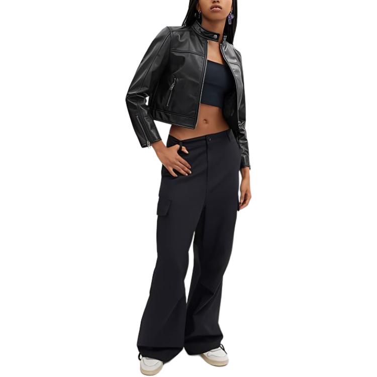 Lookbook (W) コーチ SS24 ブラック スタンドカラー 長袖 レザーショートジャケット CN443-BLK