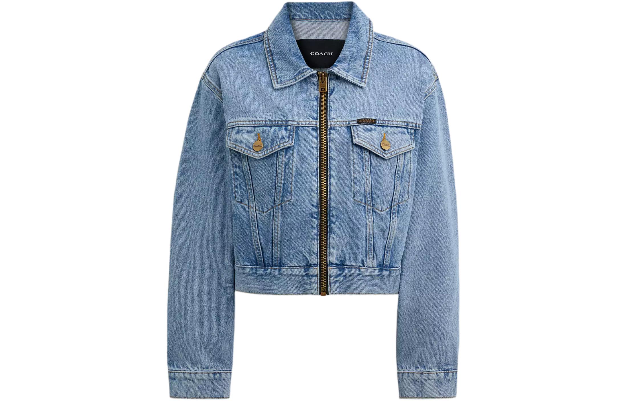 (Women) COACH SS24  Blue Logo Patch Denim Jacket Long Sleeve with Zipper. CS109-BLU