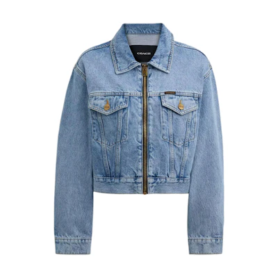 (Women) COACH SS24 Blue Logo Patch Denim Jacket Long Sleeve with Zipper. CS109-BLU