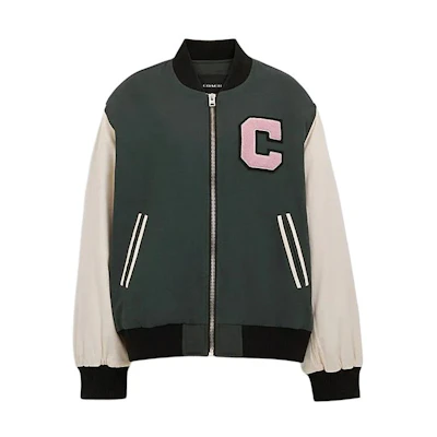 (Women) COACH SS24 Colorblock Letter Print Zip-Up Jacket Forest Green CO848-FGN