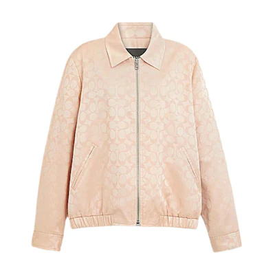 (Women) COACH SS24 Floral Logo Print Zip-Up Jacket in Petal Pink. CT394-ERE