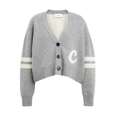 (Women) COACH SS24 Grey V-Neck Logo Embroidered Button-Up Knit Cardigan. CT061-NZ2