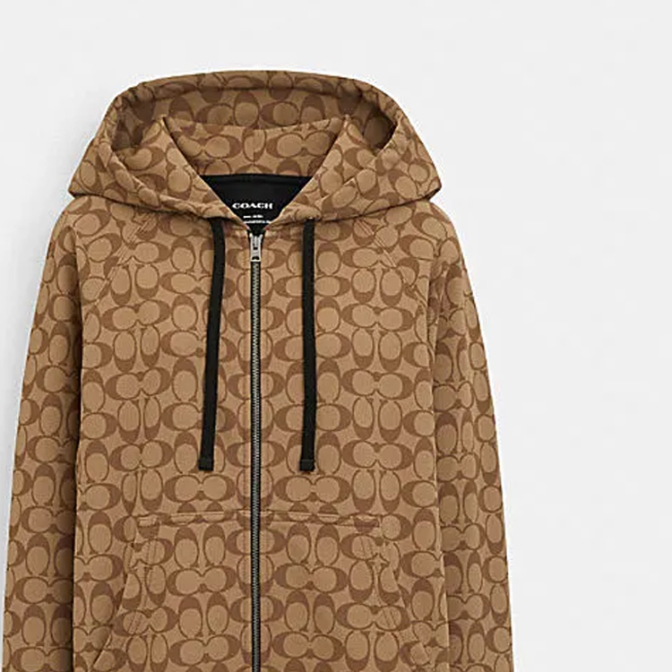 Sizing (Women) COACH SS24  Letter Drawstring Zip Casual Hoodie Khaki. CR040-E7V