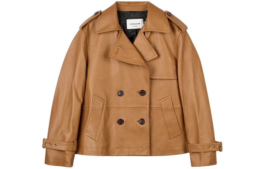 Order (Women) COACH SS24  Light Brown Leather Jacket Long Sleeve with Button Front CL357-LQD