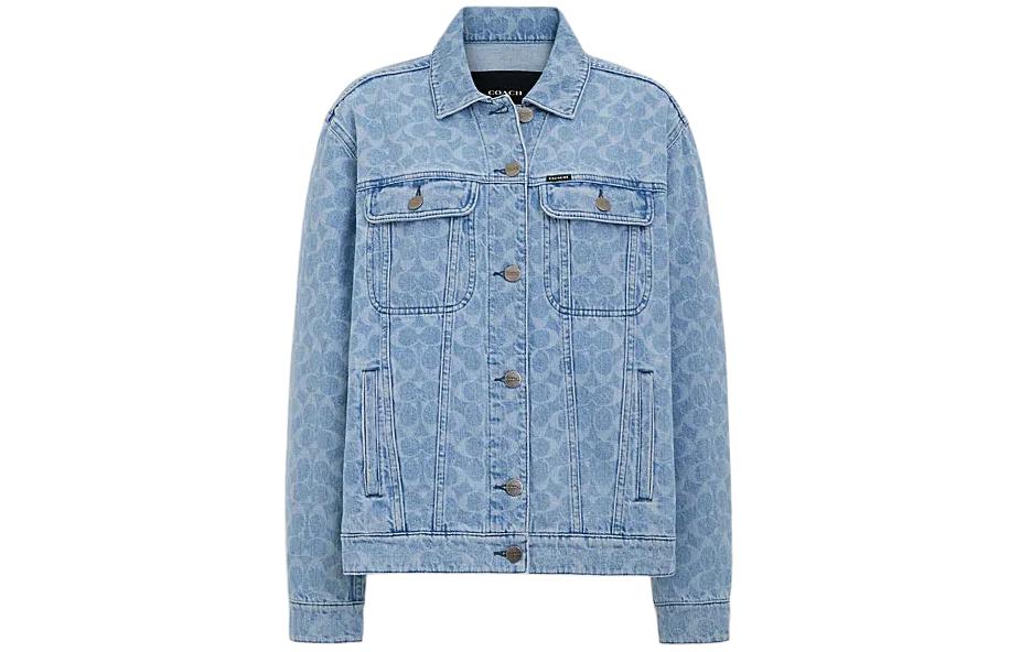 (Women) COACH SS24  Logo Pattern Denim Jacket - Light Wash, Long Sleeve. CL264-P9J