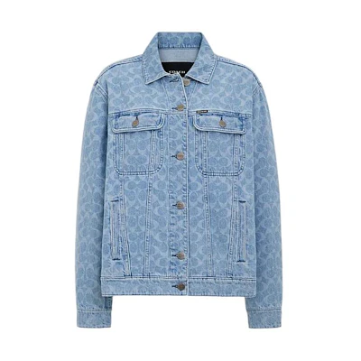 (Women) COACH SS24 Logo Pattern Denim Jacket - Light Wash, Long Sleeve. CL264-P9J