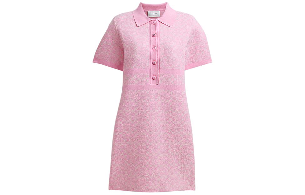(Women) COACH SS24  Pink Floral Embroidered Button-Up Short-Sleeve Dress CS693-VQ4
