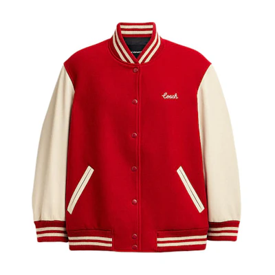 (Women) COACH SS24 Red Striped Button-Up Baseball Collar Jacket. CX336-RED