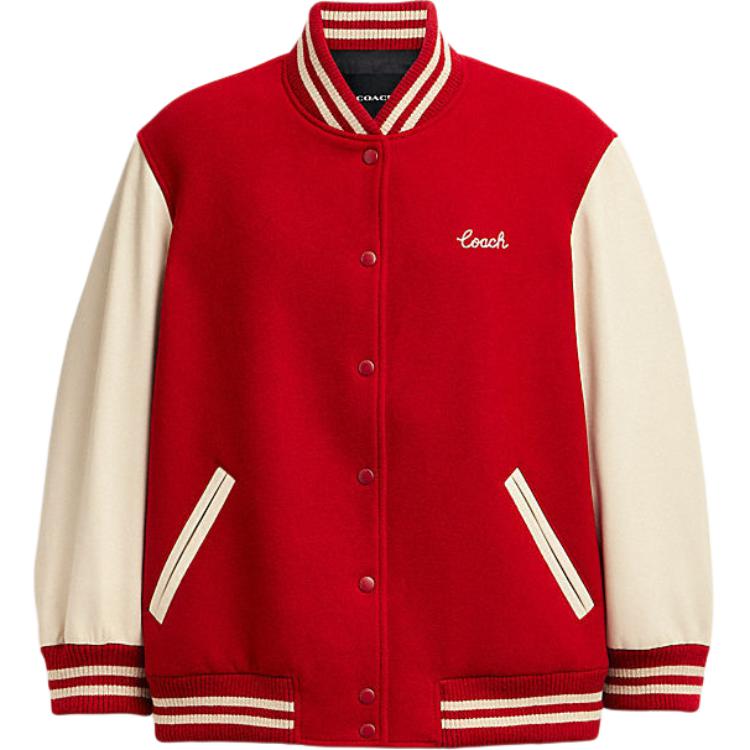 Order (Women) COACH SS24  Red Striped Button-Up Baseball Collar Jacket. CX336-RED