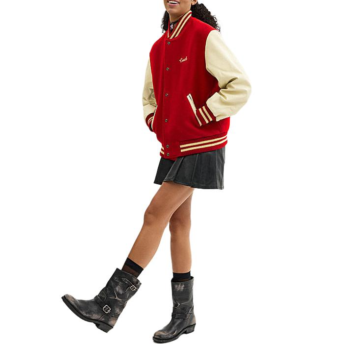 Lookbook (Women) COACH SS24  Red Striped Button-Up Baseball Collar Jacket. CX336-RED