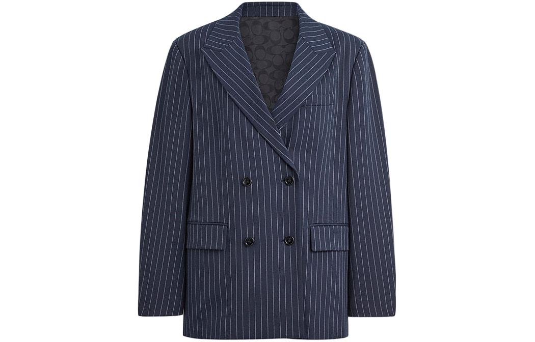 (Women) COACH SS24  Striped Double-Breasted Blazer Navy Blue. CN472-NVWT