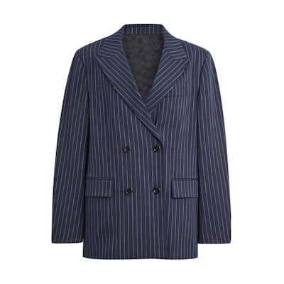 (Women) COACH SS24 Striped Double-Breasted Blazer Navy Blue. CN472-NVWT