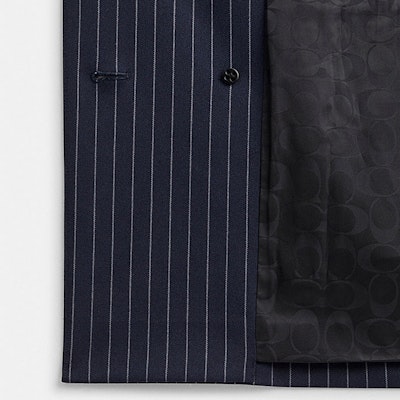 (Women) COACH SS24 Striped Double-Breasted Blazer Navy Blue. CN472-NVWT Details for (Women) COACH SS24 Striped Double-Breasted Blazer Navy Blue. CN472-NVWT