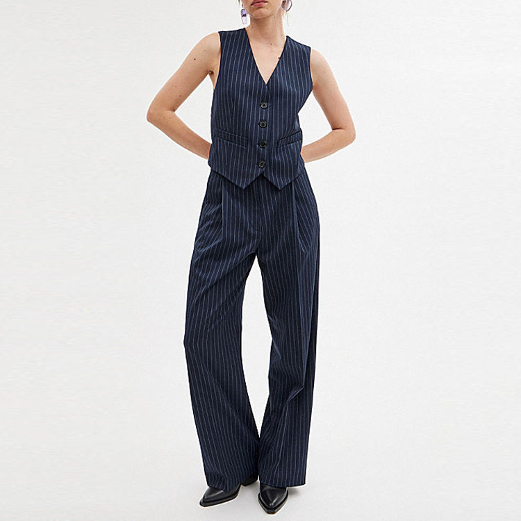 Lookbook (W) コーチ SS24 ストライプ プリーツ ワイドレッグパンツ ネイビーブルー CN484-NVWT