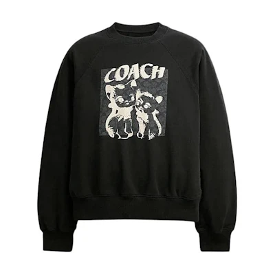 (Women) Coach SS24 Black Crewneck Sweatshirt with Cat Letter Graphic CQ739-BLC