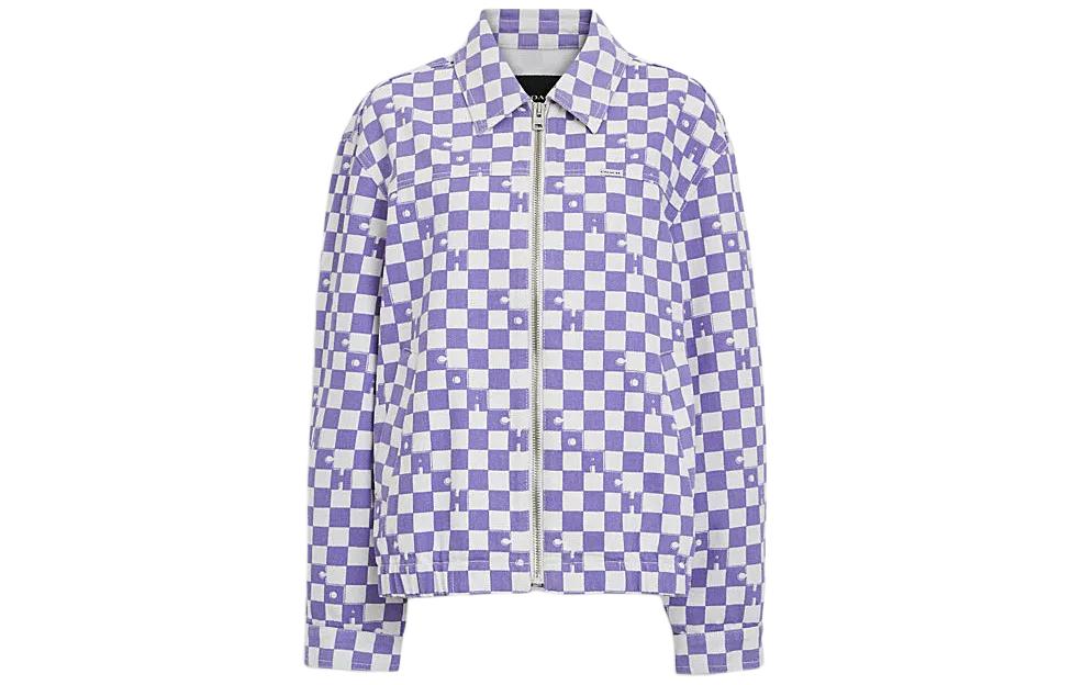 (Women) COACH SS24 Checkered Zip-Up Collared Jacket  Purple. CQ774-OO9