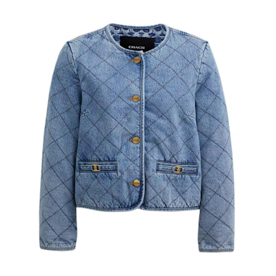 (Women) COACH SS24 Diamond Quilted Denim Jacket for Women - Blue CS014-BLU
