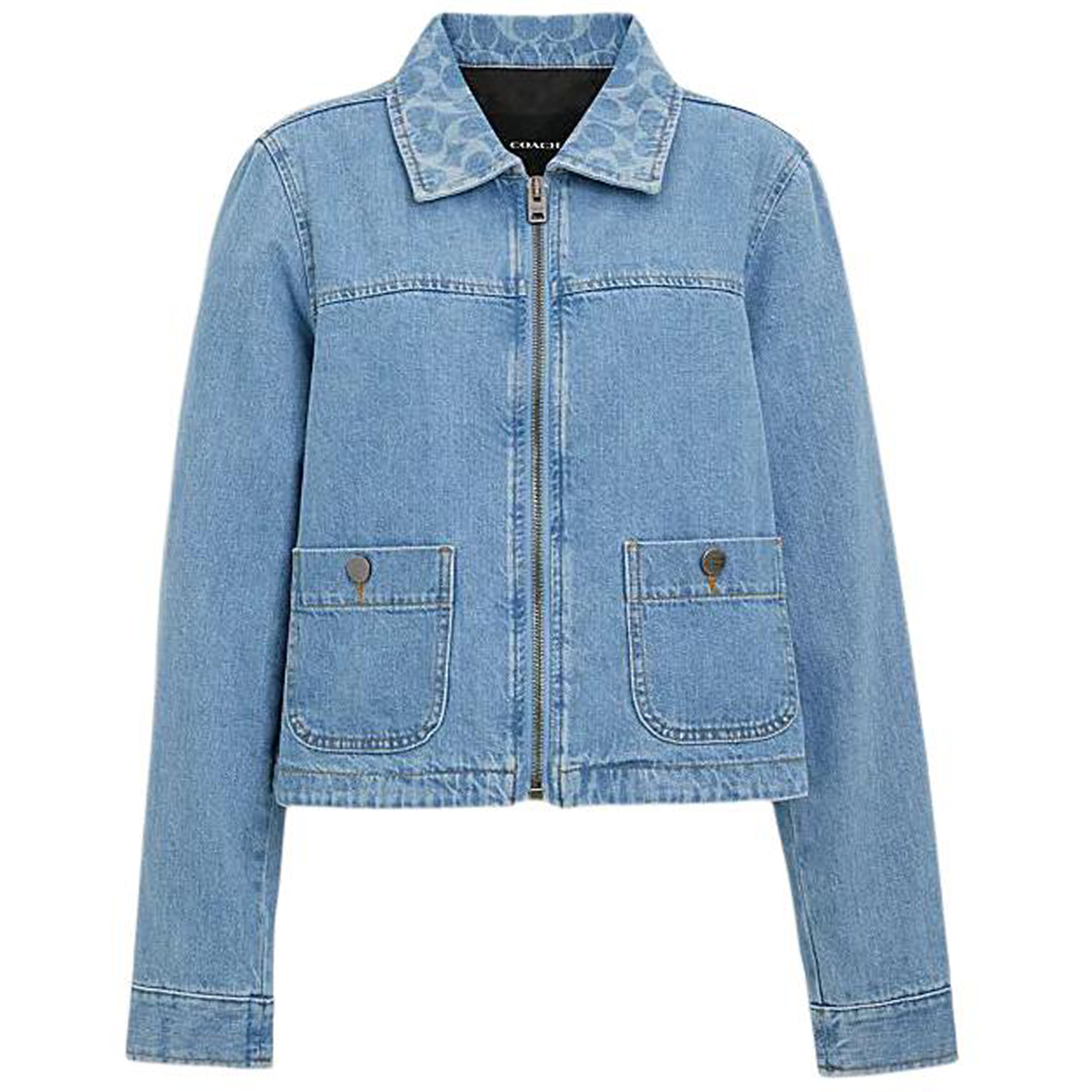 (Women) COACH SS24 Logo Zip Pocket Denim Jacket  Light Wash Long Sleeve. CO849-P9J