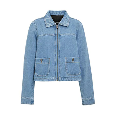 (Women) COACH SS24 Logo Zip Pocket Denim Jacket Light Wash Long Sleeve. CO849-P9J