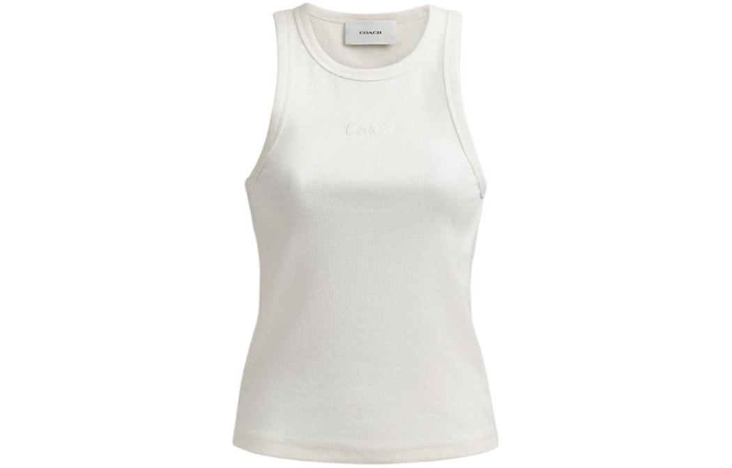 (Women) Coach SS24 White Tank Top with Logo Embroidery. CS609-WHT