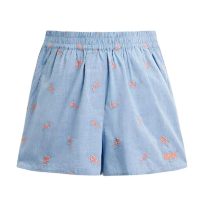 (Women) COACH SS25 Blue Floral Embroidered Casual Shorts. CAU41-BLU