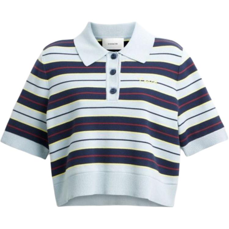 (Women) COACH SS25  Classic Striped Logo Button Polo Shirt - Blue CAH87-BLMC