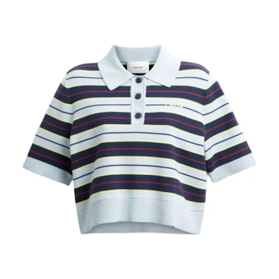 (Women) COACH SS25 Classic Striped Logo Button Polo Shirt - Blue CAH87-BLMC