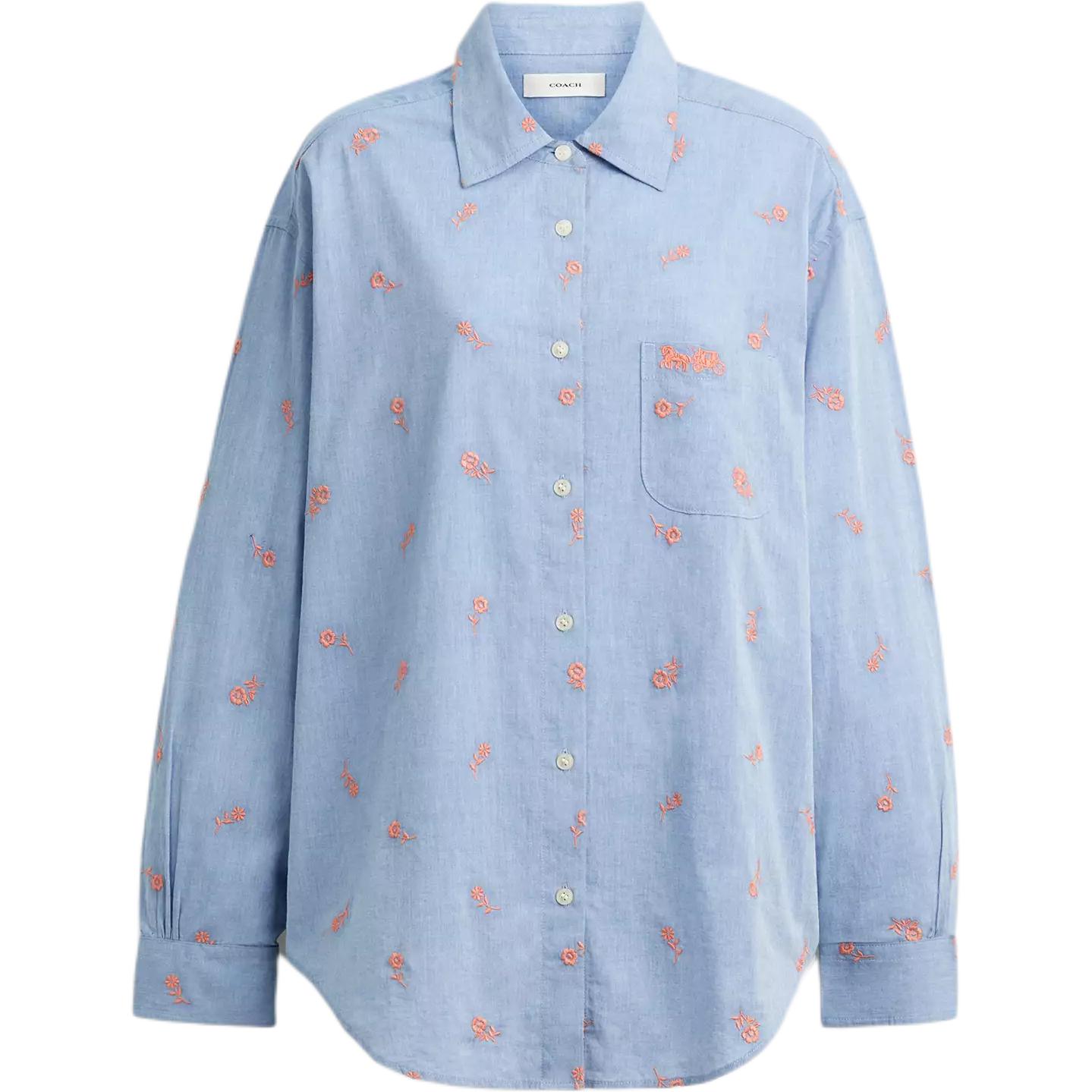 (Women) COACH SS25  Floral Embroidered Loose Shirt - Blue CAT94-BLU
