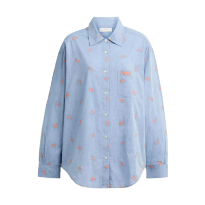 (Women) COACH SS25 Floral Embroidered Loose Shirt - Blue CAT94-BLU