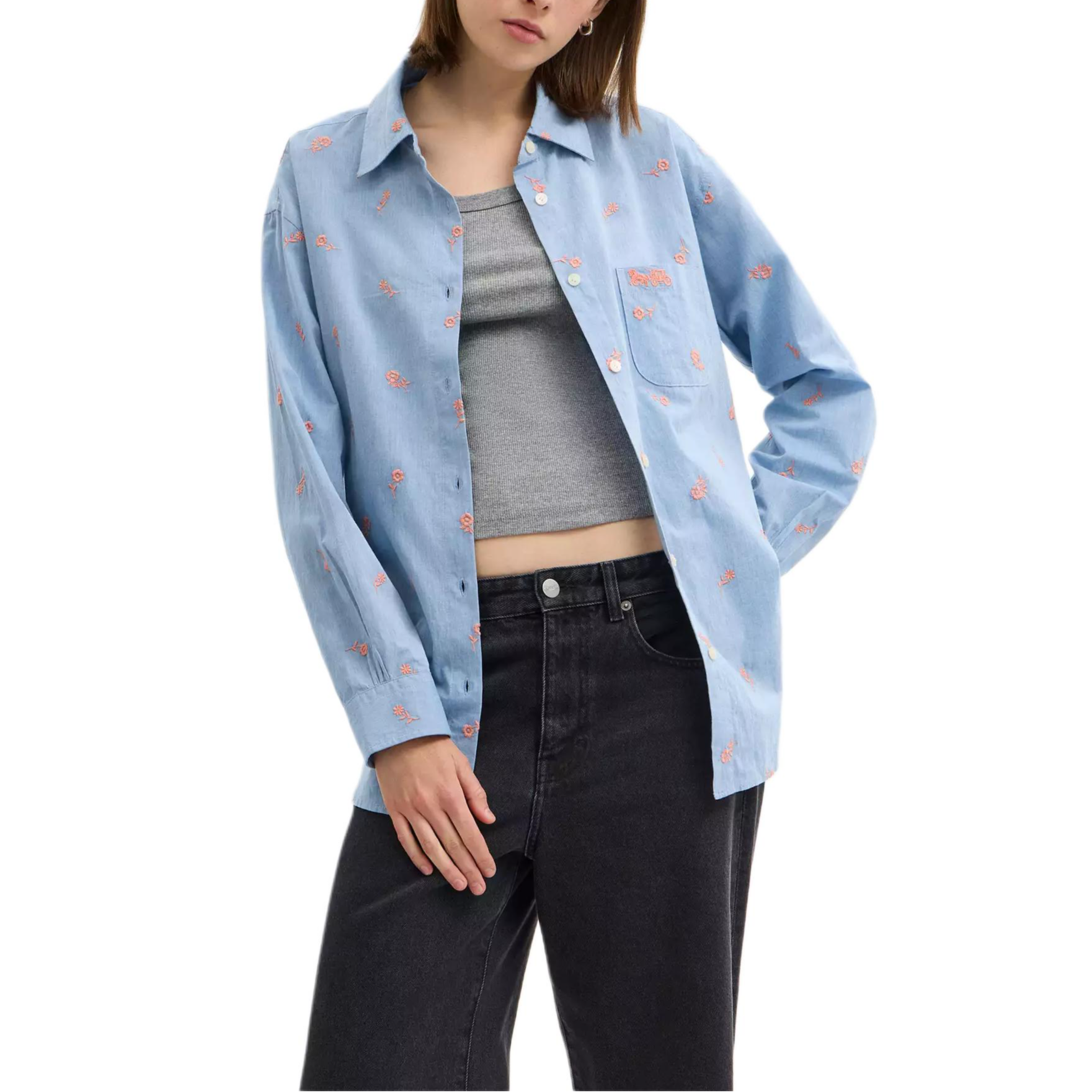 Lookbook (Women) COACH SS25  Floral Embroidered Loose Shirt - Blue CAT94-BLU