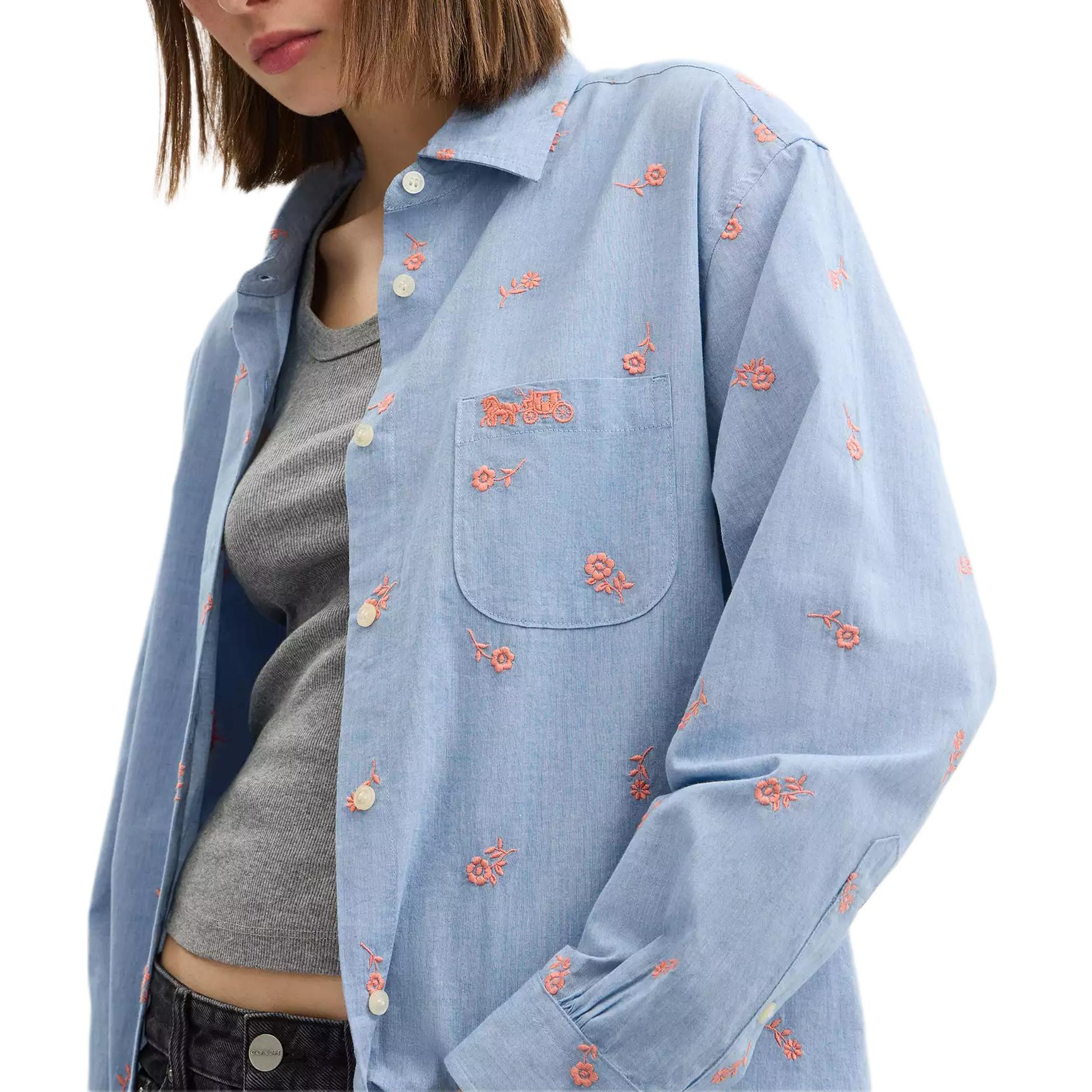 Purchase (Women) COACH SS25  Floral Embroidered Loose Shirt - Blue CAT94-BLU