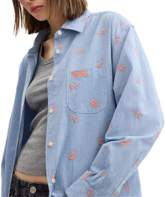 (Women) COACH SS25 Floral Embroidered Loose Shirt - Blue CAT94-BLU Purchase (Women) COACH SS25 Floral Embroidered Loose Shirt - Blue CAT94-BLU