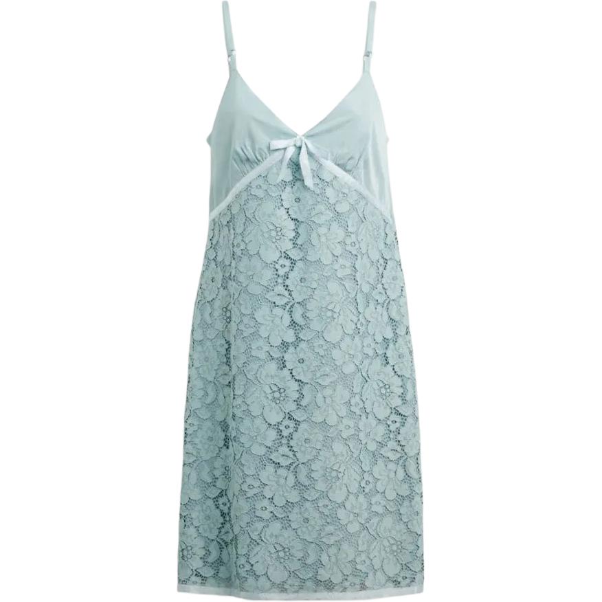 (Women) COACH SS25  Light Blue V-Neck Lace Slip Dress with Bow Detailing. CZ626-LBL